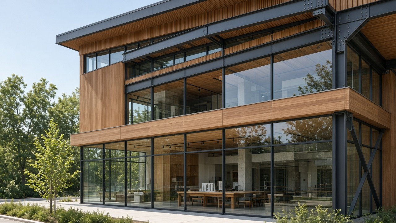 Two-story wood-and-steel studio building with floor-to-ceiling glass and warm wood cladding among trees