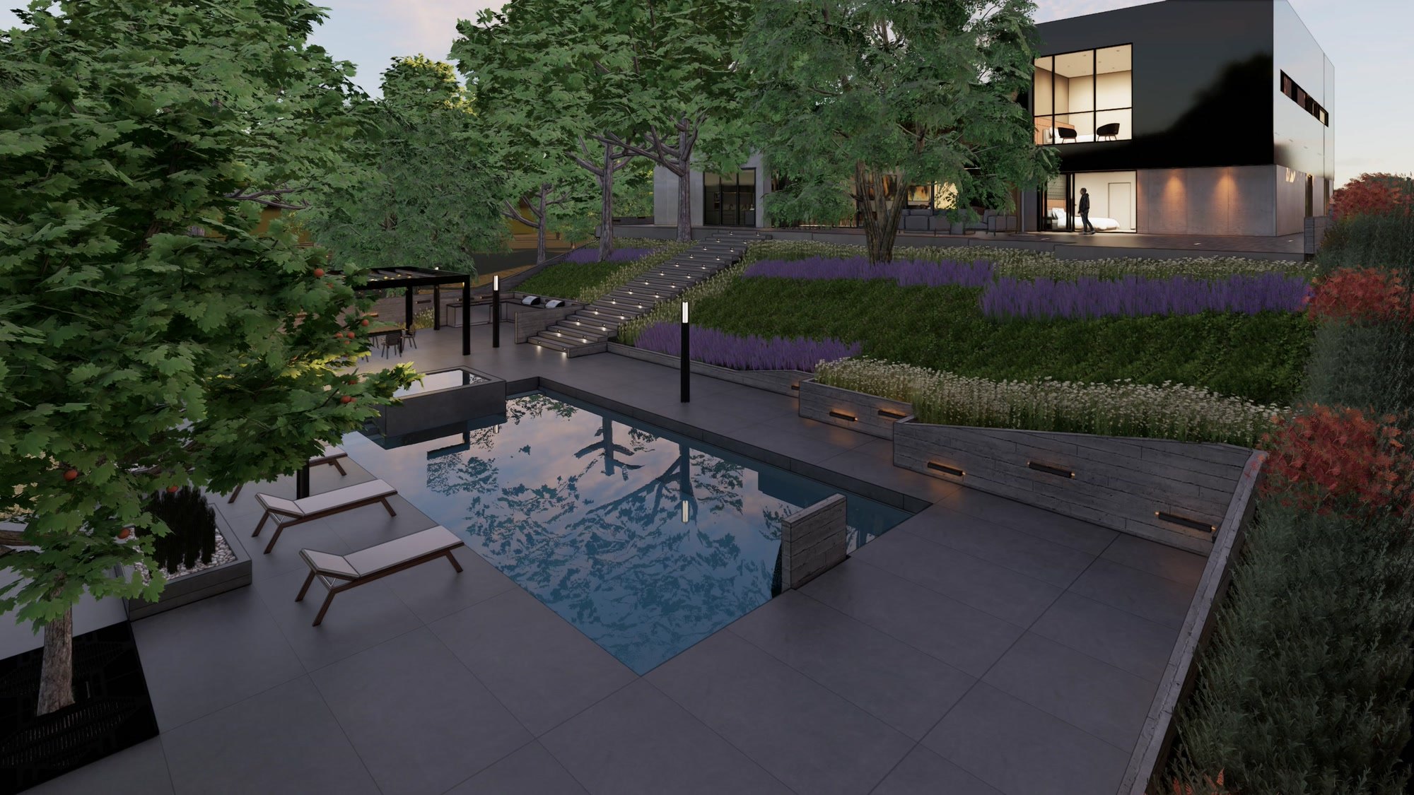 Contemporary custom residence glowing at twilight above a terraced pool garden