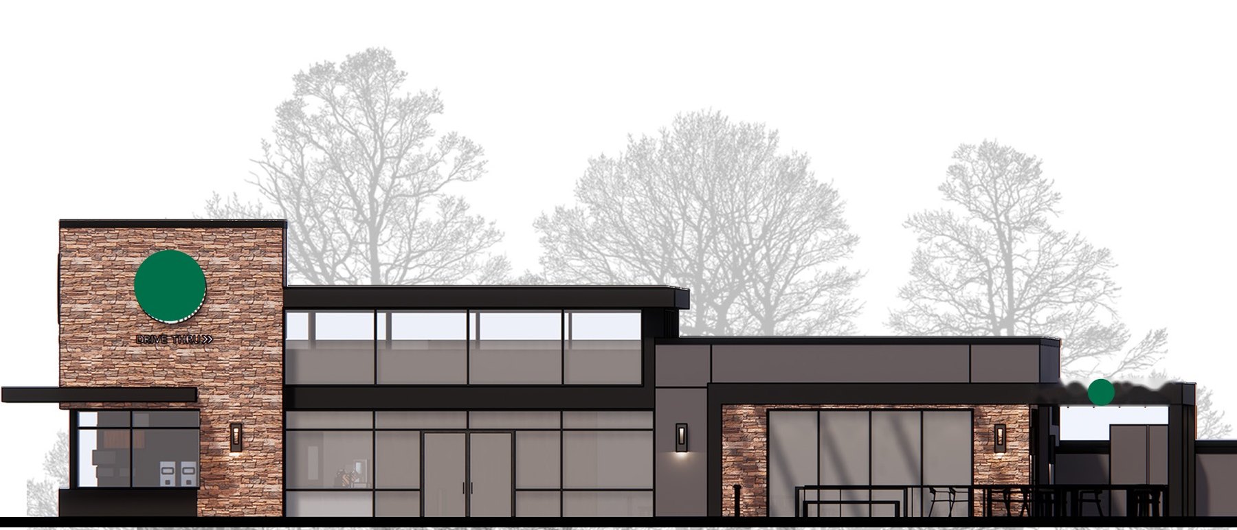 Front elevation of a single-story coffee pad with a stacked-stone drive-thru tower, black metal frames and a glass storefront